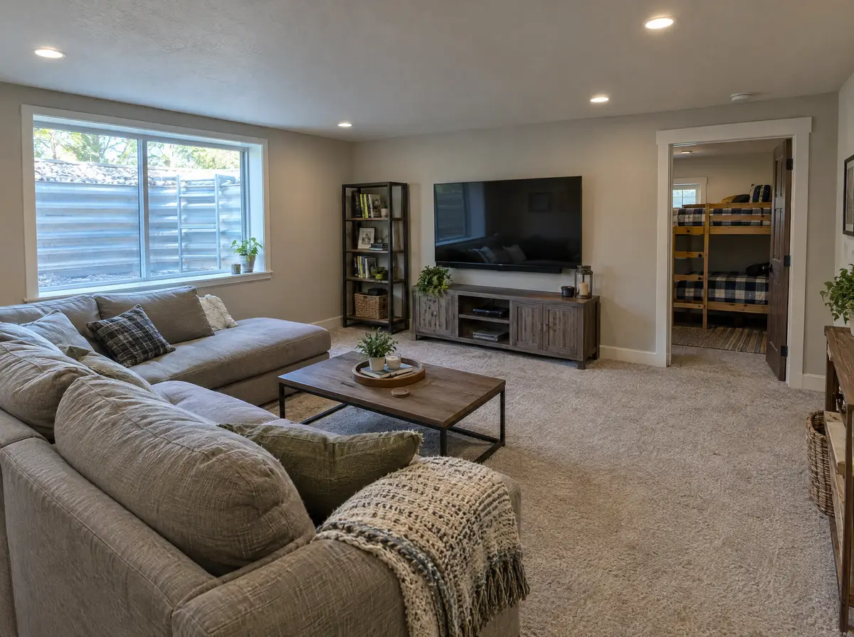 Newly finished basement family room with carpet, recessed lights, a large egress window well letting in daylight and a framed doorway to a bunk room.