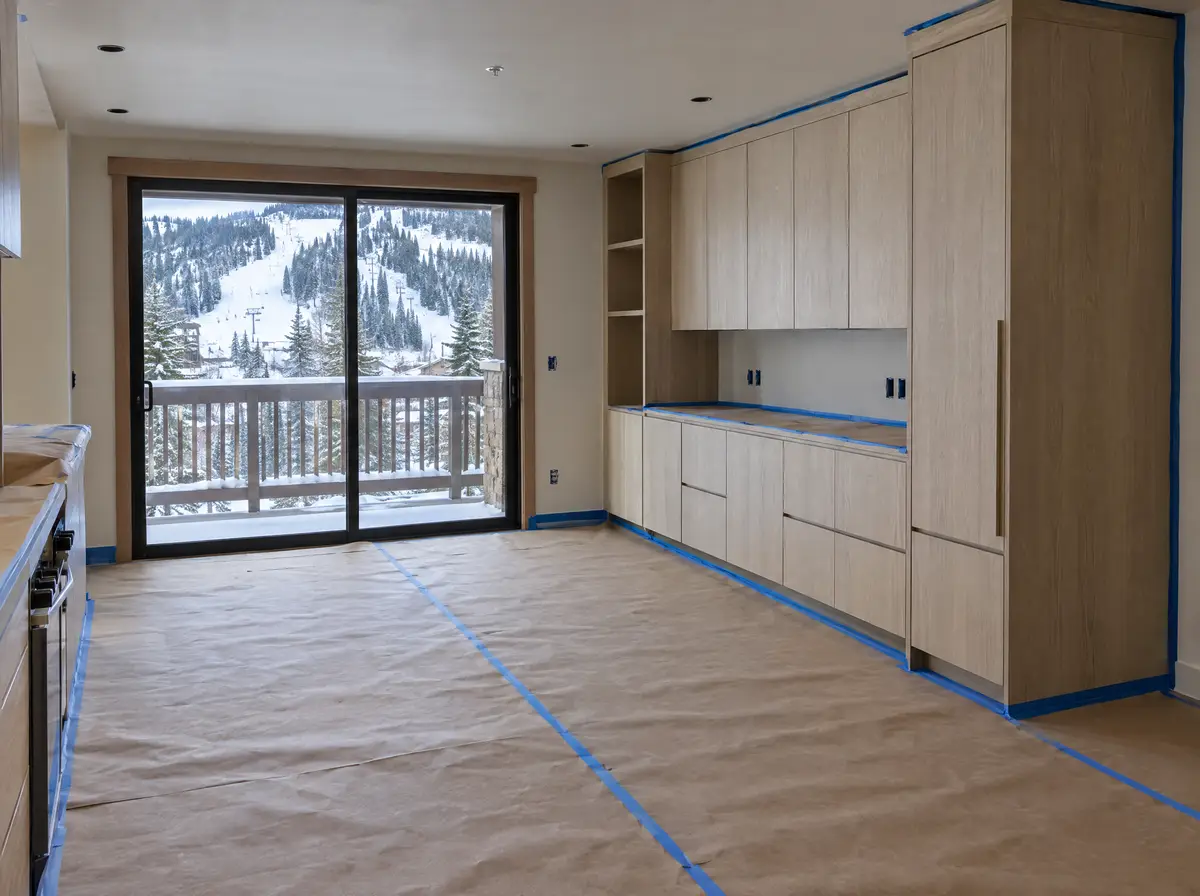 Ski condo under renovation, floors covered in protective paper, new pale cabinets along one wall and a balcony door facing a snowy slope.