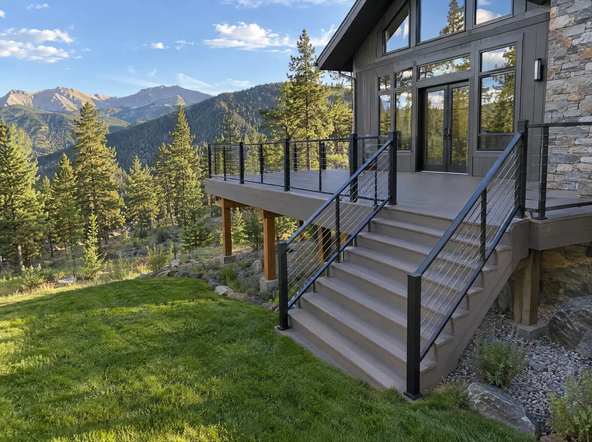 New composite deck with black metal railings on a mountain home, wide stairs down to a lawn and pine-covered slopes behind.