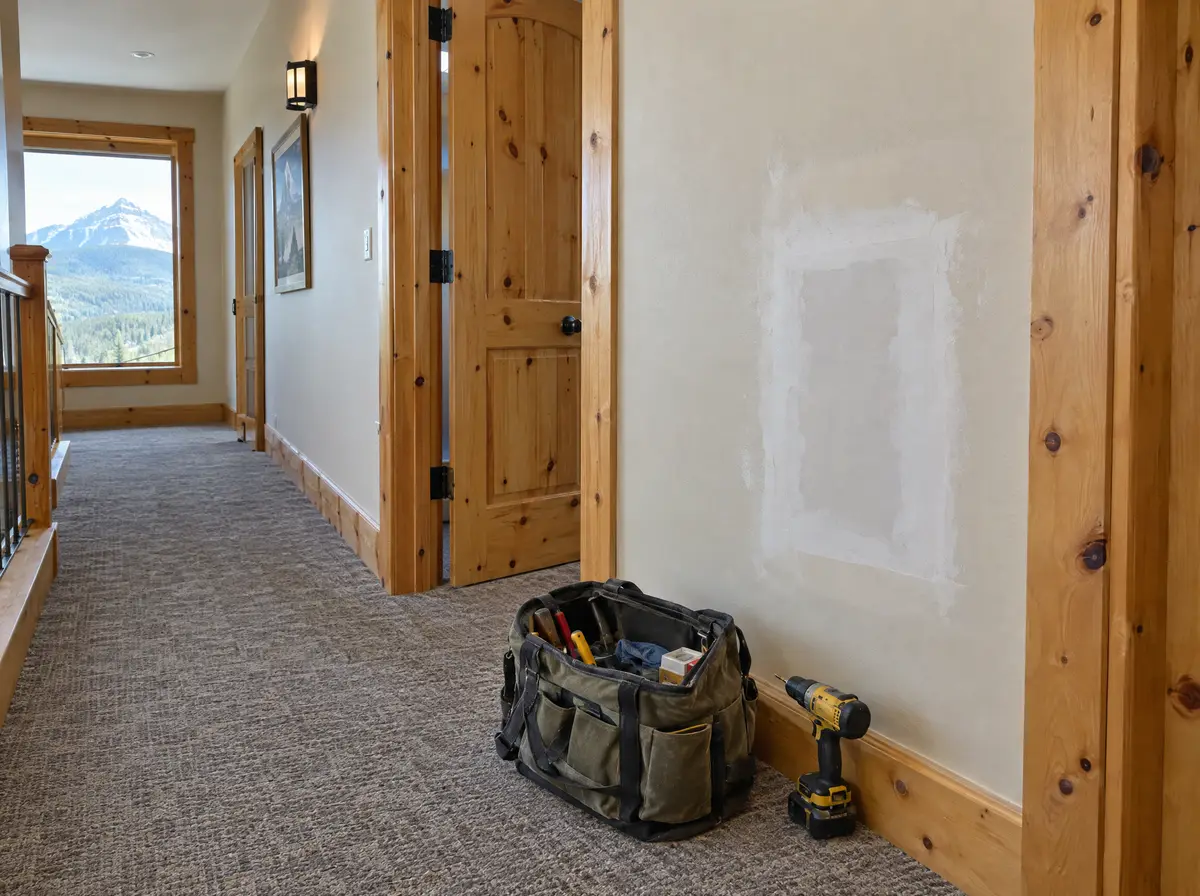 Open canvas tool bag, cordless drill and a freshly sanded drywall patch beside a rehung interior door in a mountain condo hallway with pine trim.