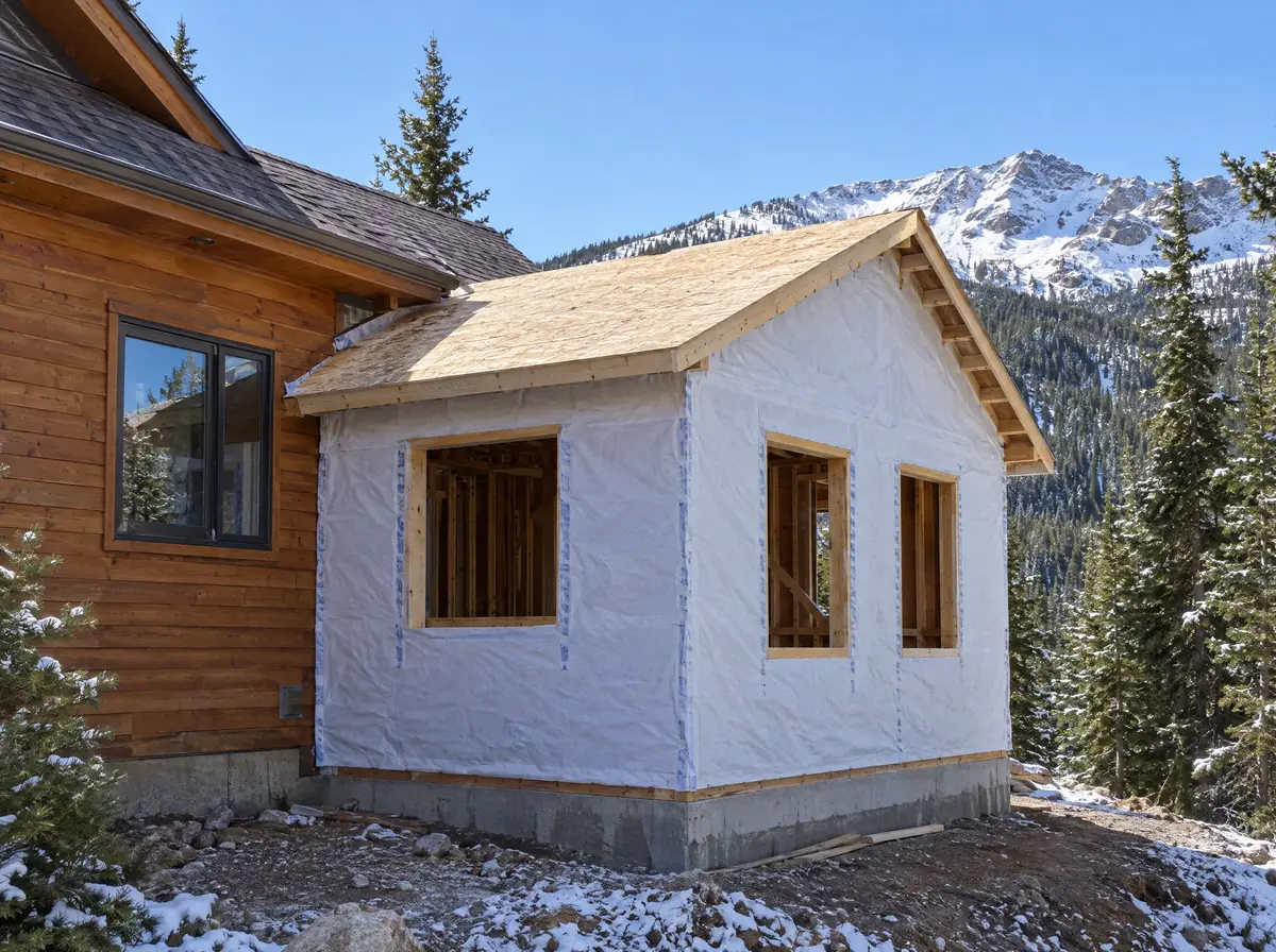New wood-framed room addition joined to the side of a cedar-sided mountain home, fresh roof sheathing visible, with a snow-dusted ridge behind.