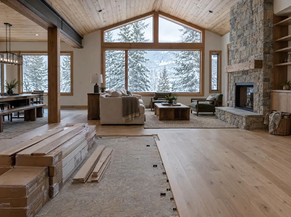 Open-plan mountain home living room mid-remodel, new white oak flooring half installed under a tongue-and-groove ceiling, with large windows framing snowy evergreens.