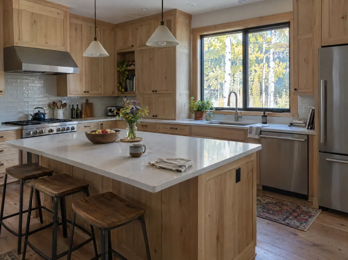 Remodeled mountain home kitchen with light wood cabinets to the ceiling, a quartz-topped island, pendant lights and a window looking out on aspen trees.
